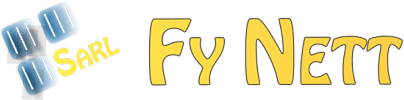Logo Fy Nett SARL : trois conteneurs ou racks bleus inclinés, avec le texte jaune 'SARL' et 'Fy Nett' à côté.
