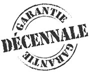 Cachet noir et blanc vieilli avec le texte principal 'GARANTIE DÉCENNALE' au centre et 'GARANTIE' répété autour, symbolisant une protection fiable.