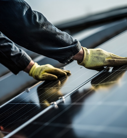 Deux mains gantées jaunes ajustent ou nettoient des panneaux solaires noirs, soulignant l'installation d'énergie renouvelable.