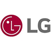 Logo LG avec l'emblème circulaire rouge stylisé en visage (L et G) et le texte "LG" en gris. Marque d'électronique.