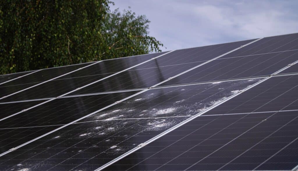 Panneaux solaires endommagés par la grêle avec des fissures blanches et des impacts visibles. Arbres verts flous et ciel gris en arrière-plan.